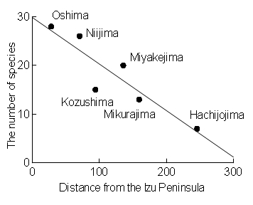 Island Biogeography, species-distance relationship on the Izu islands, Japan