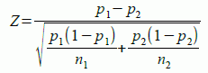 母比率の差のZ検定の式（プールされない分散）